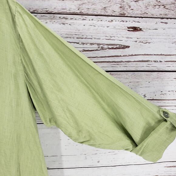 B. HADIKUSUMO Green 100%Linen Shark Bite Hem Roll Tab Sleeve Top Size XL - Picture 5 of 12